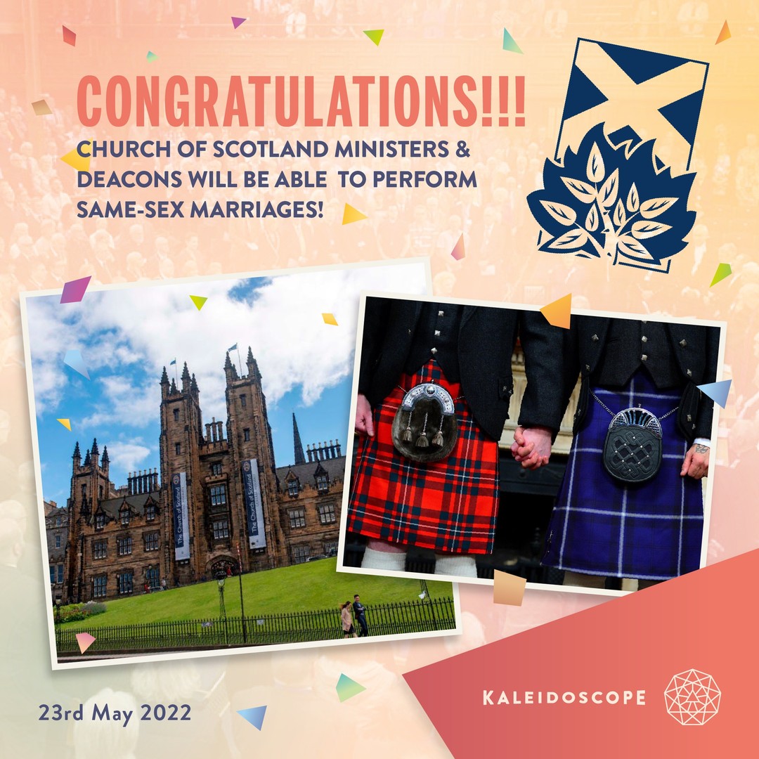 Congratulations to the @churchofscotland (CoS)! 
The General Assembly have agreed to allow Ministers / Deacons to apply for licensing to perform same-sex marriages! What a milestone in the church's history!! 274 for and 136 against!!

29 CoS presbyteries (out of 41) voted in favour of it back in 2021. Today, it was covered in Session 4 under "Report of the Committee on Overtures and Cases" and at 11:36, it became Church law!

The legislation is ‘permissive’ – ministers and deacons are being given permission and no-one will be constrained to conduct a same-sex marriage. 

It may be a while till CoS's first same-sex marriage takes place, but we are so happy at this forward move for equality recognising loving, committed and faithful same-sex unions! We want to thank in particular: Craig Dobney, Peter Johnson, Bryan Kerr, Scott Rennie, Paul Middleton and Lesley Stewart for their courage and their words of affirmation in favour of this legislation as well as everyone who's persevered! We rejoice in the contribution its LGBTQ+ members, elders, deacons and ministers make to the mission of God in the world.

#LGBT #LGBTQ #Scotland #SameSexCouples #ChurchOfScotland #Presbytery #Marriage #SameSexMarriage #AffirmationScotland #LGBTCommunity #LoveIsLove #Equality #Pride #HumanRights #QueerCommunity #ItGetsBetter